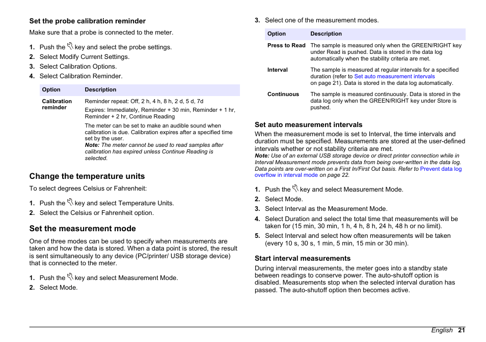 Set the probe calibration reminder, Change the temperature units, Set the measurement mode | Set auto measurement intervals, Start interval measurements | Hach-Lange HQD Portable Meter User Manual User Manual | Page 23 / 38
