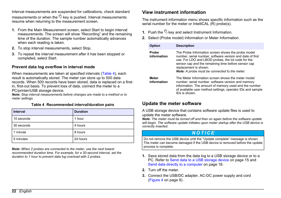 Prevent data log overflow in interval mode, View instrument information, Update the meter software | Prevent data log, Overflow in interval mode | Hach-Lange HQD Portable Meter User Manual User Manual | Page 24 / 38
