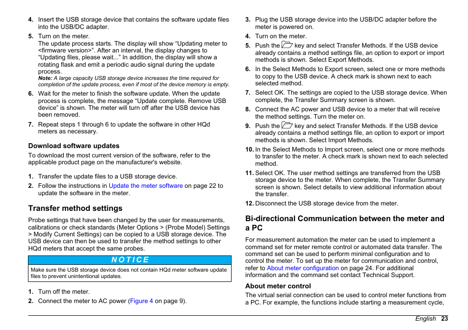 Download software updates, Transfer method settings, About meter control | Hach-Lange HQD Portable Meter User Manual User Manual | Page 25 / 38