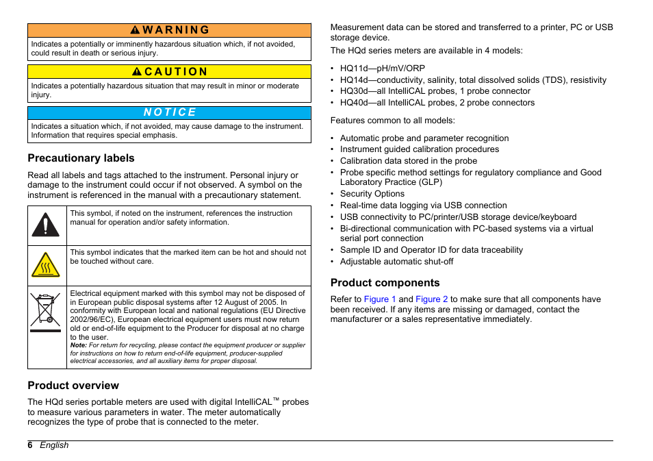 Precautionary labels, Product overview, Product components | Hach-Lange HQD Portable Meter User Manual User Manual | Page 8 / 38