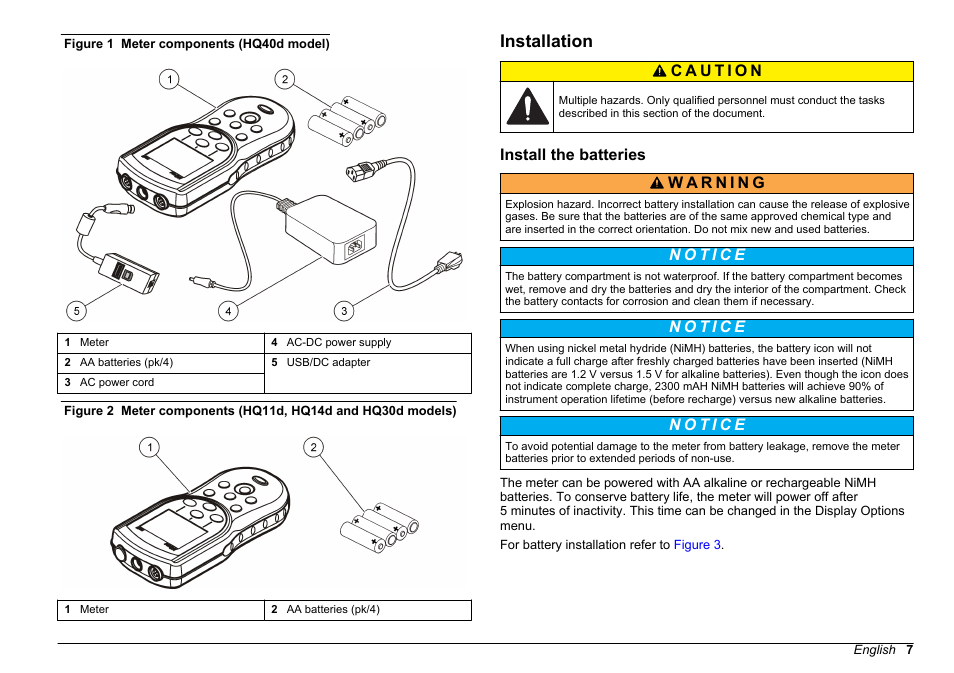 Installation, Install the batteries, Refer to | Figure 1, Figure 2, To make sure that all components have | Hach-Lange HQD Portable Meter User Manual User Manual | Page 9 / 38