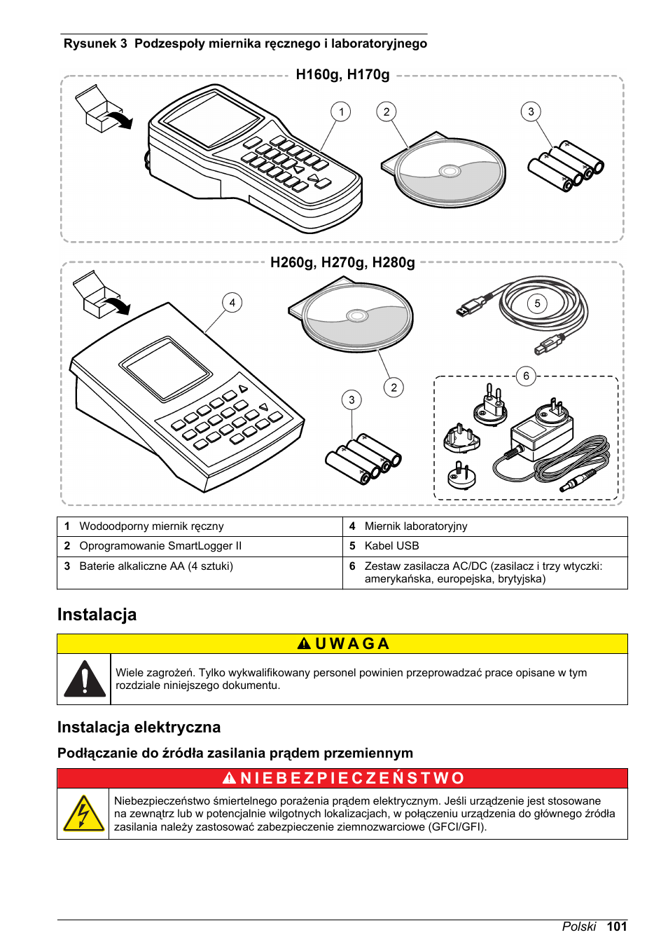 Instalacja, Instalacja elektryczna, Podłączanie do źródła zasilania prądem przemiennym | Hach-Lange H-Series Meters Basic User Manual User Manual | Page 101 / 136