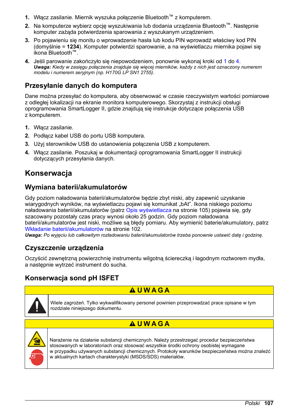 Przesyłanie danych do komputera, Konserwacja, Wymiana baterii/‍akumulatorów | Czyszczenie urządzenia, Konserwacja sond ph isfet, Na stronie 107, Wymiana baterii/akumulatorów | Hach-Lange H-Series Meters Basic User Manual User Manual | Page 107 / 136