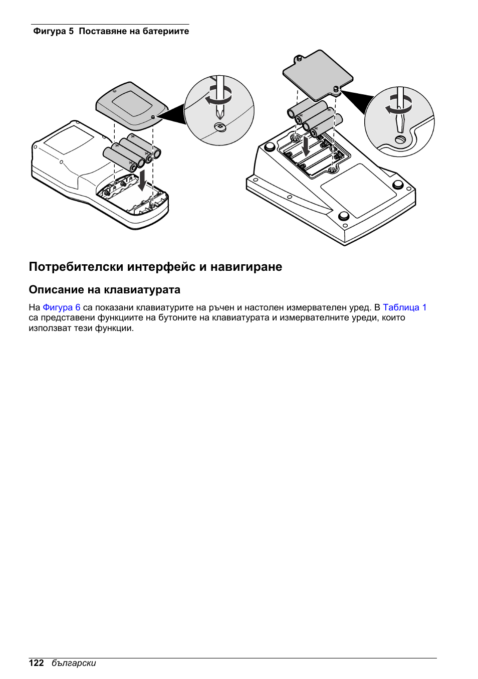 Потребителски интерфейс и навигиране, Описание на клавиатурата, Фигура 5 | Относно поставянето на батериите | Hach-Lange H-Series Meters Basic User Manual User Manual | Page 122 / 136