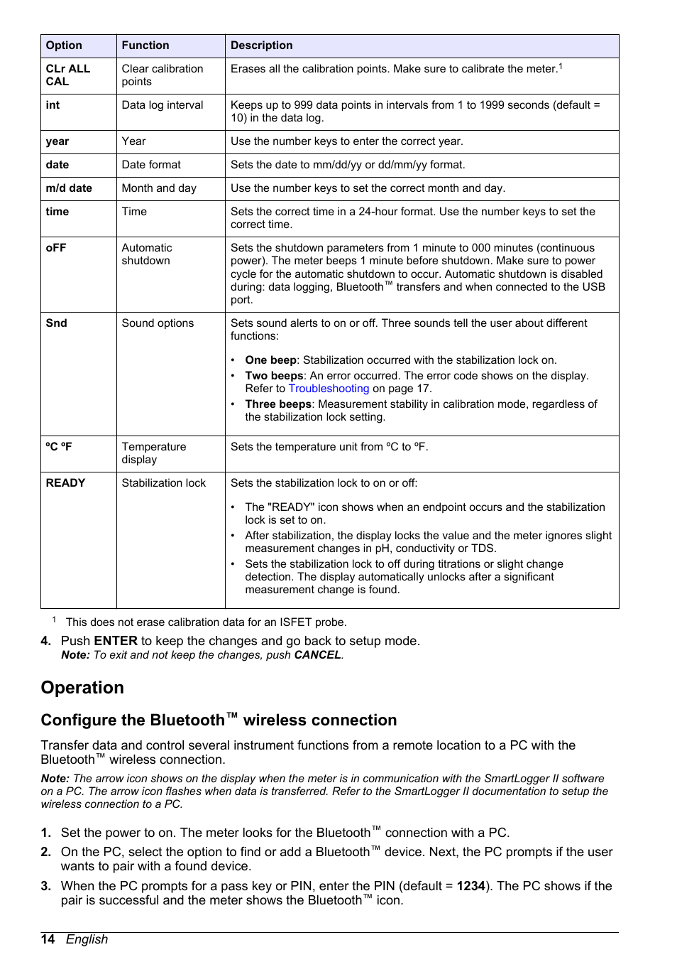 Operation, Configure the bluetooth™ wireless connection, Configure the bluetooth | Wireless connection | Hach-Lange H-Series Meters Basic User Manual User Manual | Page 14 / 136