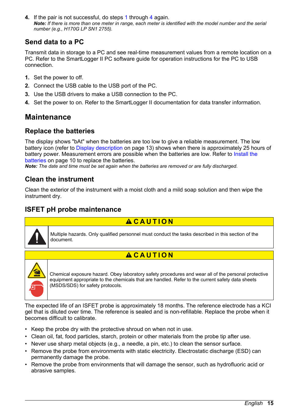 Send data to a pc, Maintenance, Replace the batteries | Clean the instrument, Isfet ph probe maintenance | Hach-Lange H-Series Meters Basic User Manual User Manual | Page 15 / 136