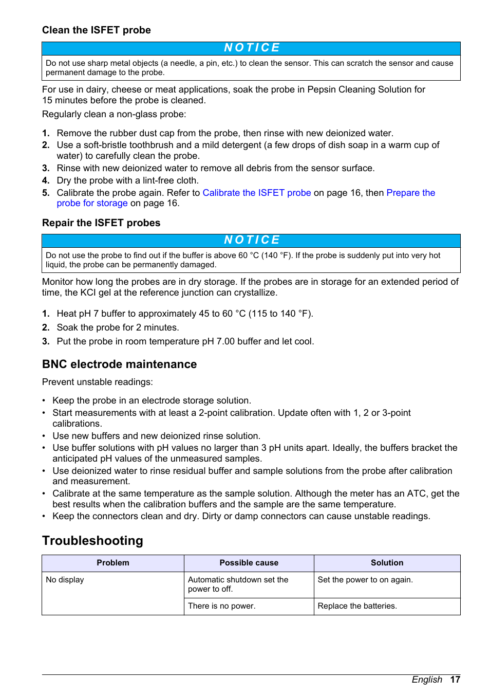 Clean the isfet probe, Repair the isfet probes, Bnc electrode maintenance | Troubleshooting | Hach-Lange H-Series Meters Basic User Manual User Manual | Page 17 / 136