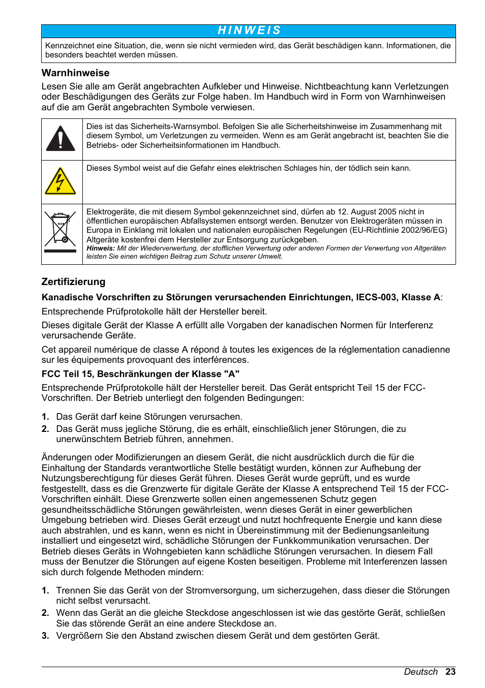 Warnhinweise, Zertifizierung | Hach-Lange H-Series Meters Basic User Manual User Manual | Page 23 / 136