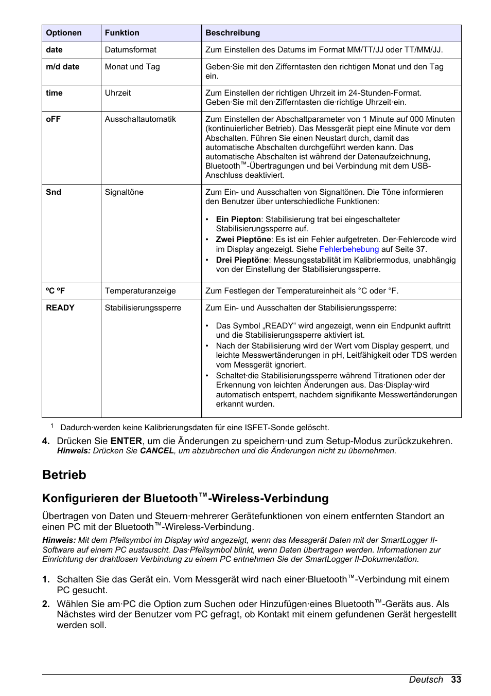 Betrieb, Konfigurieren der bluetooth™-wireless-verbindung, Auf seite 33 | Konfigurieren der bluetooth, Wireless-verbindung | Hach-Lange H-Series Meters Basic User Manual User Manual | Page 33 / 136