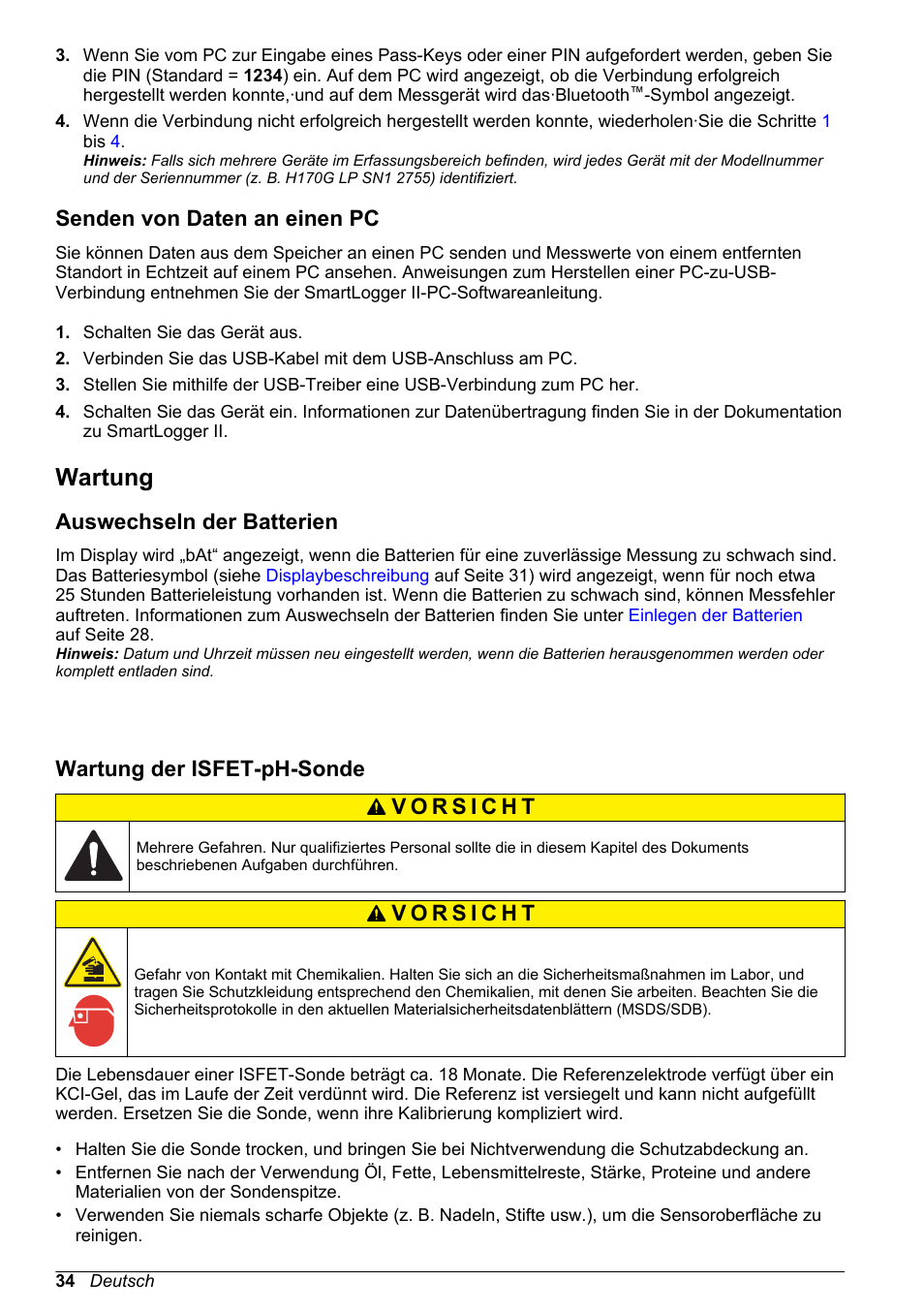 Senden von daten an einen pc, Wartung, Auswechseln der batterien | Wartung der isfet-ph-sonde, Auf seite 34 | Hach-Lange H-Series Meters Basic User Manual User Manual | Page 34 / 136