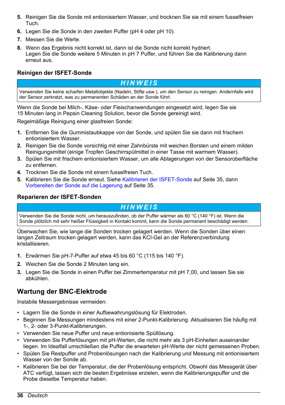 Reinigen der isfet-sonde, Reparieren der isfet-sonden, Wartung der bnc-elektrode | Hach-Lange H-Series Meters Basic User Manual User Manual | Page 36 / 136