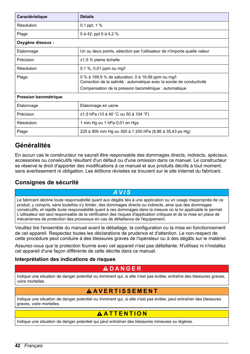 Généralités, Consignes de sécurité, Interprétation des indications de risques | Hach-Lange H-Series Meters Basic User Manual User Manual | Page 42 / 136