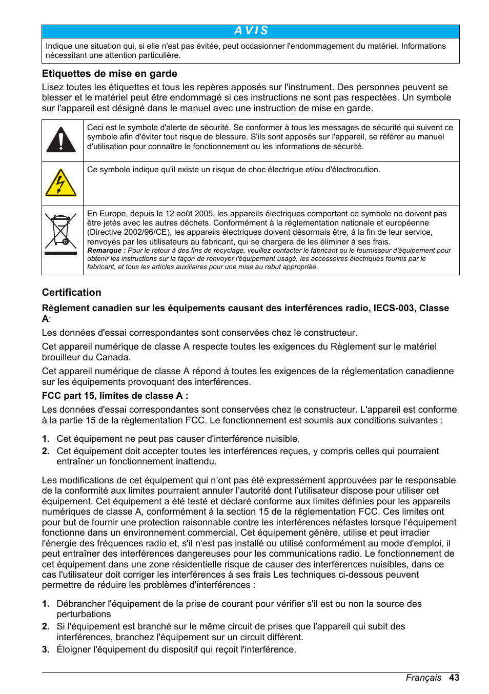 Etiquettes de mise en garde, Certification, A v i s | Hach-Lange H-Series Meters Basic User Manual User Manual | Page 43 / 136