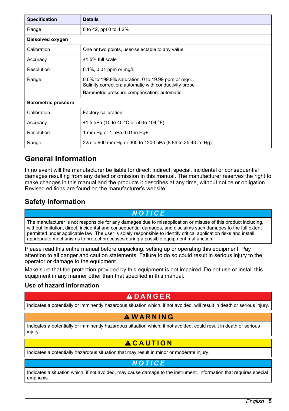 General information, Safety information, Use of hazard information | Hach-Lange H-Series Meters Basic User Manual User Manual | Page 5 / 136