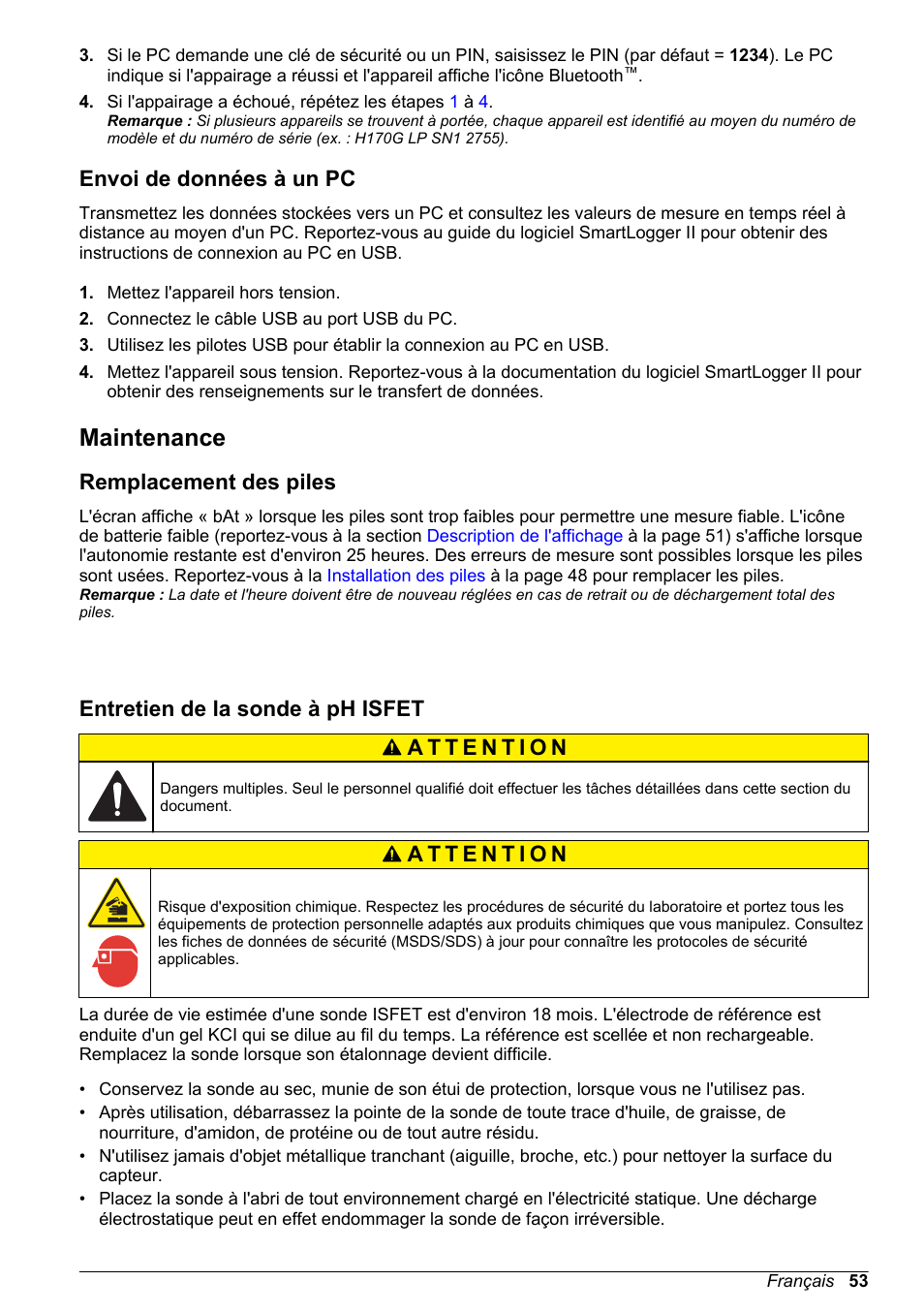 Envoi de données à un pc, Maintenance, Remplacement des piles | Entretien de la sonde à ph isfet | Hach-Lange H-Series Meters Basic User Manual User Manual | Page 53 / 136