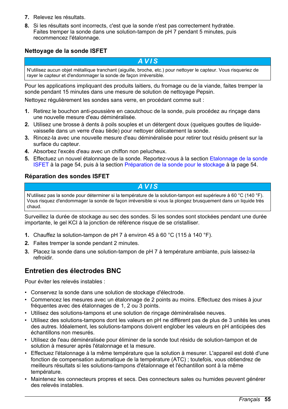 Nettoyage de la sonde isfet, Réparation des sondes isfet, Entretien des électrodes bnc | A v i s | Hach-Lange H-Series Meters Basic User Manual User Manual | Page 55 / 136