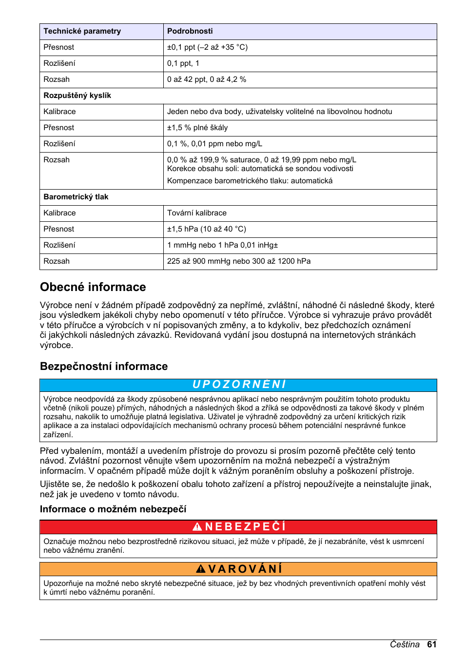 Obecné informace, Bezpečnostní informace, Informace o možném nebezpečí | Na straně | Hach-Lange H-Series Meters Basic User Manual User Manual | Page 61 / 136