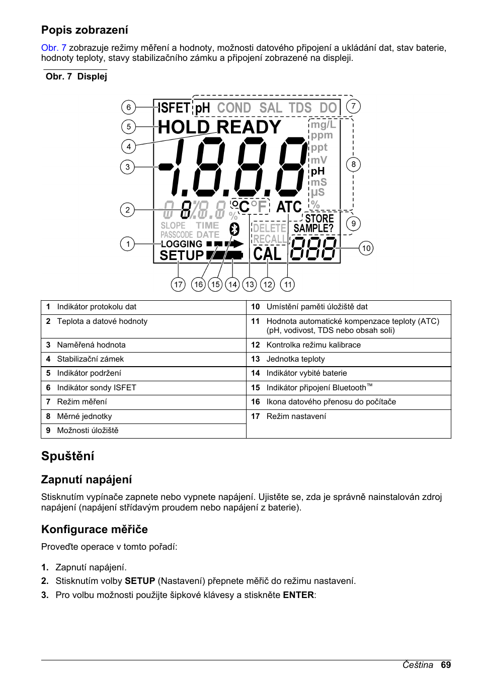 Popis zobrazení, Spuštění, Zapnutí napájení | Konfigurace měřiče | Hach-Lange H-Series Meters Basic User Manual User Manual | Page 69 / 136
