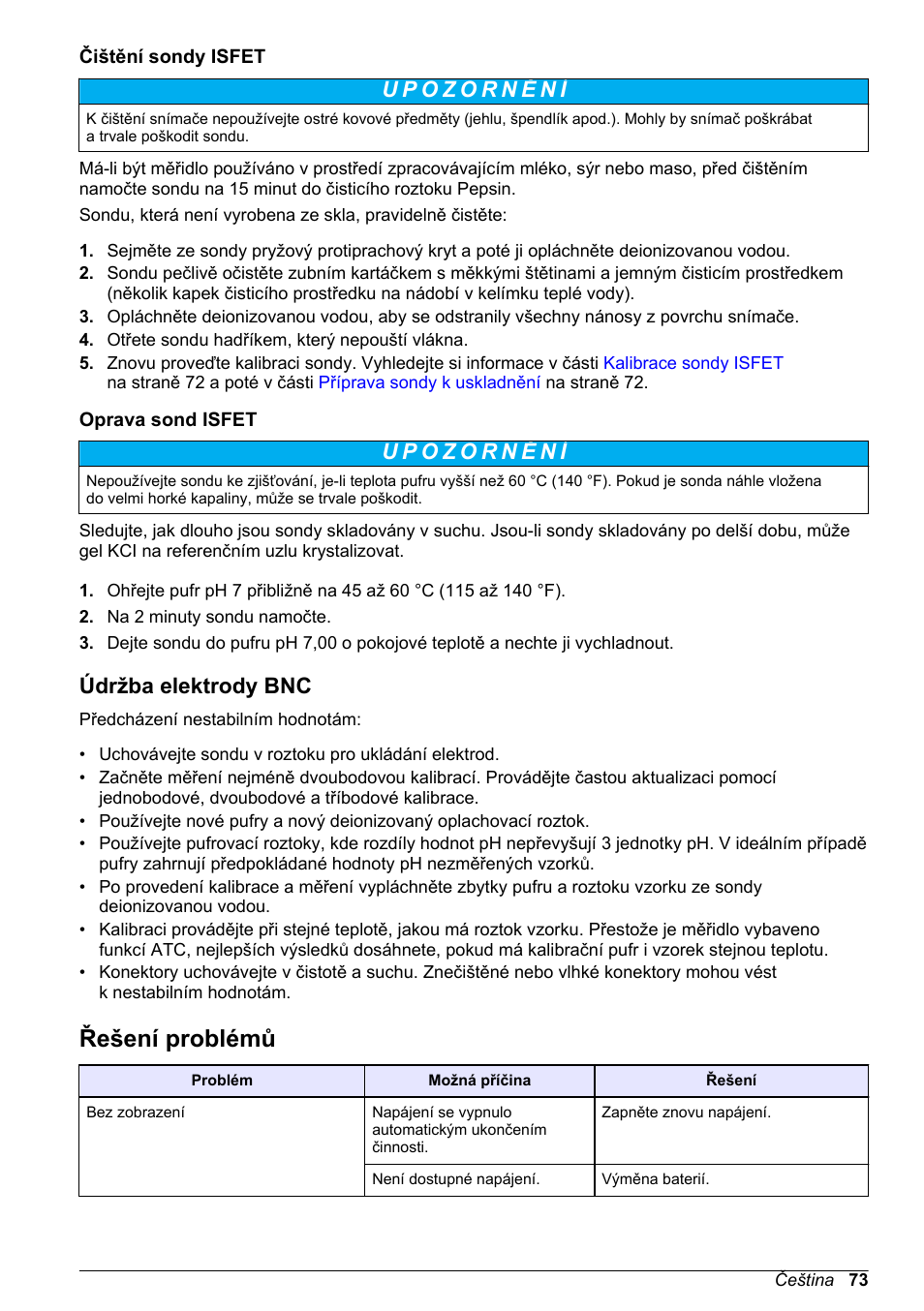 Čištění sondy isfet, Oprava sond isfet, Údržba elektrody bnc | Řešení problémů, Na straně 73 | Hach-Lange H-Series Meters Basic User Manual User Manual | Page 73 / 136