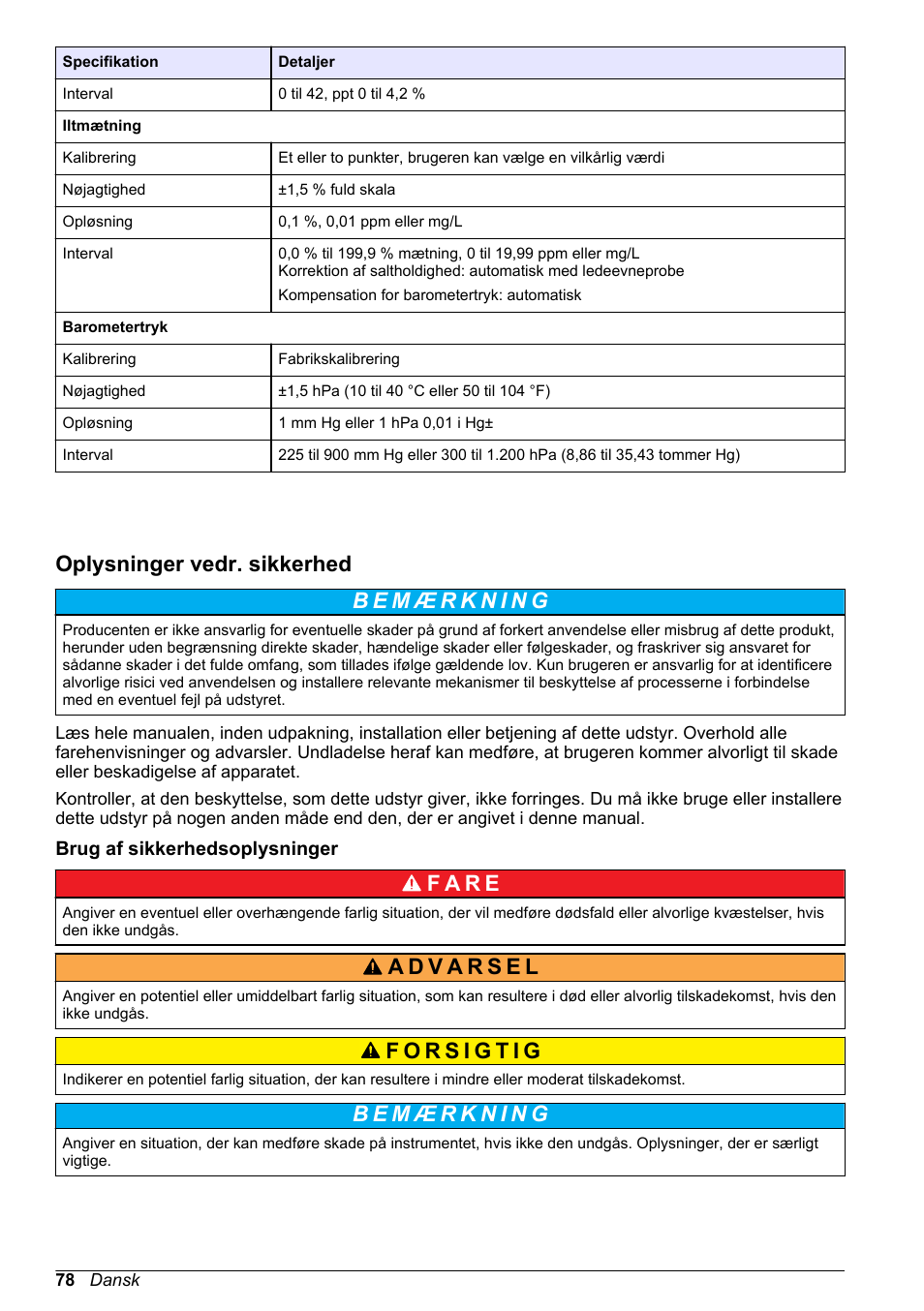 Oplysninger vedr. sikkerhed, Brug af sikkerhedsoplysninger, Side 78 | F a r e | Hach-Lange H-Series Meters Basic User Manual User Manual | Page 78 / 136
