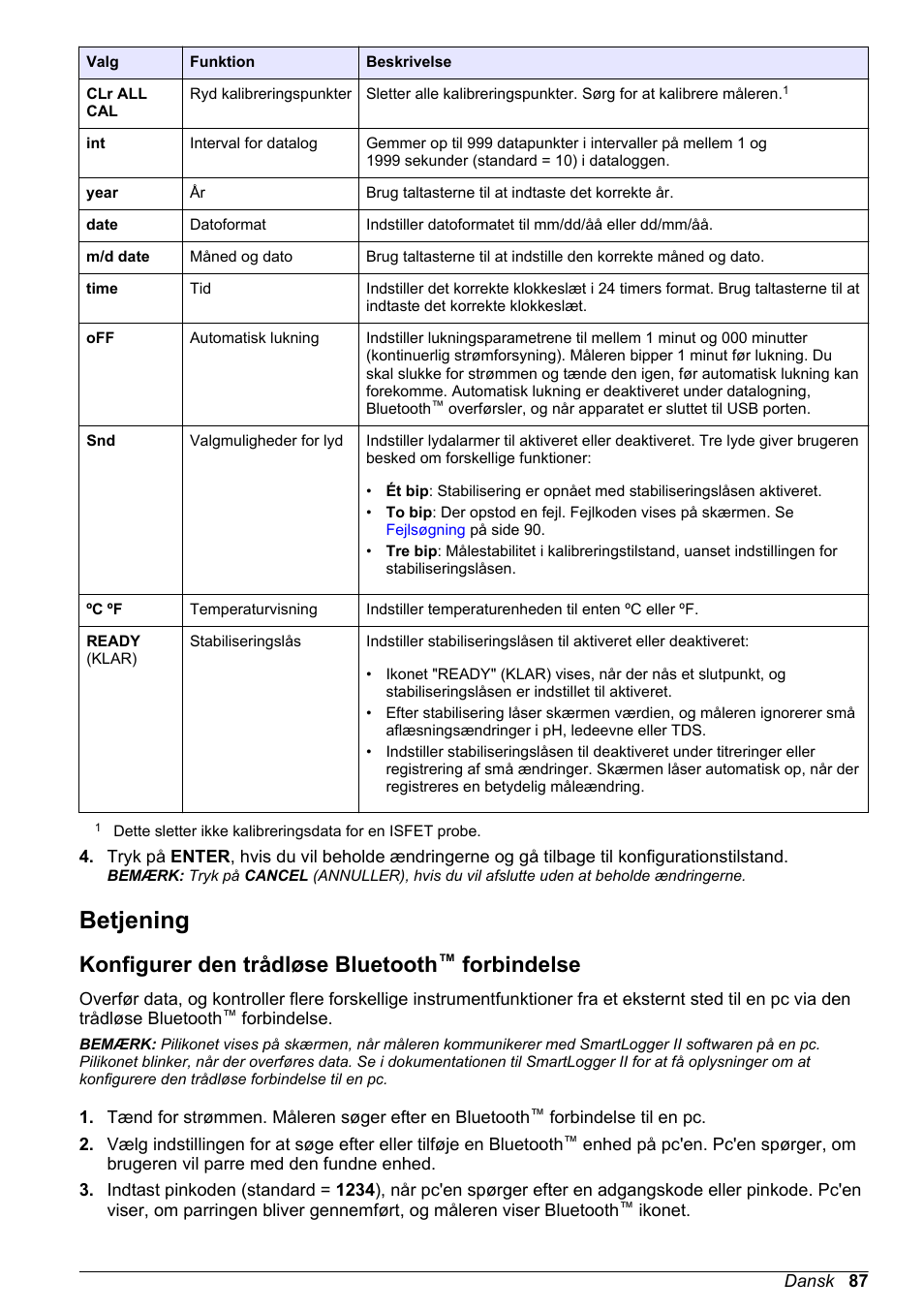 Betjening, Konfigurer den trådløse bluetooth™ forbindelse, Konfigurer den trådløse bluetooth | Forbindelse | Hach-Lange H-Series Meters Basic User Manual User Manual | Page 87 / 136