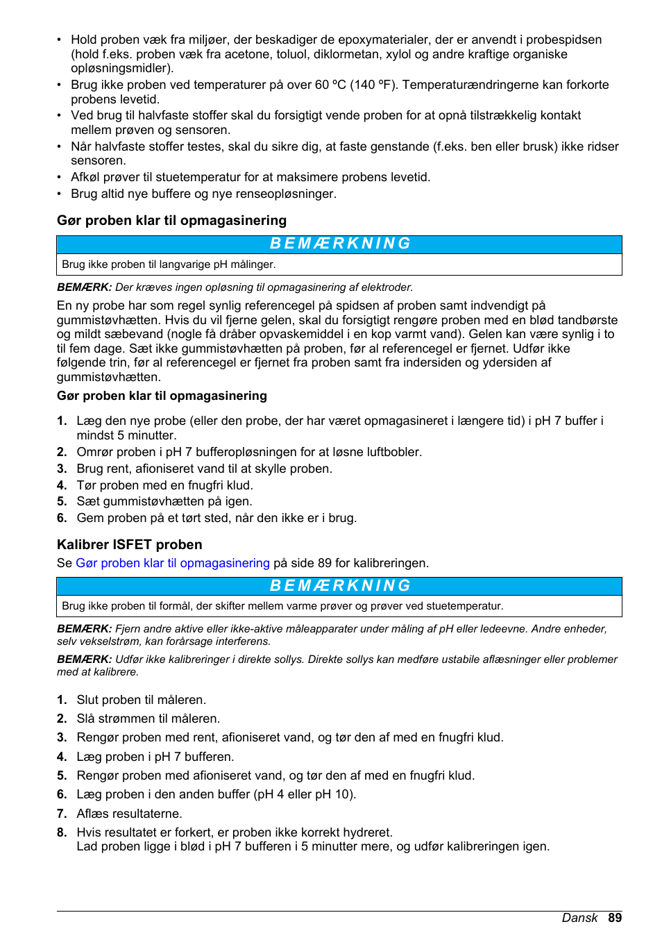 Gør proben klar til opmagasinering, Kalibrer isfet proben | Hach-Lange H-Series Meters Basic User Manual User Manual | Page 89 / 136