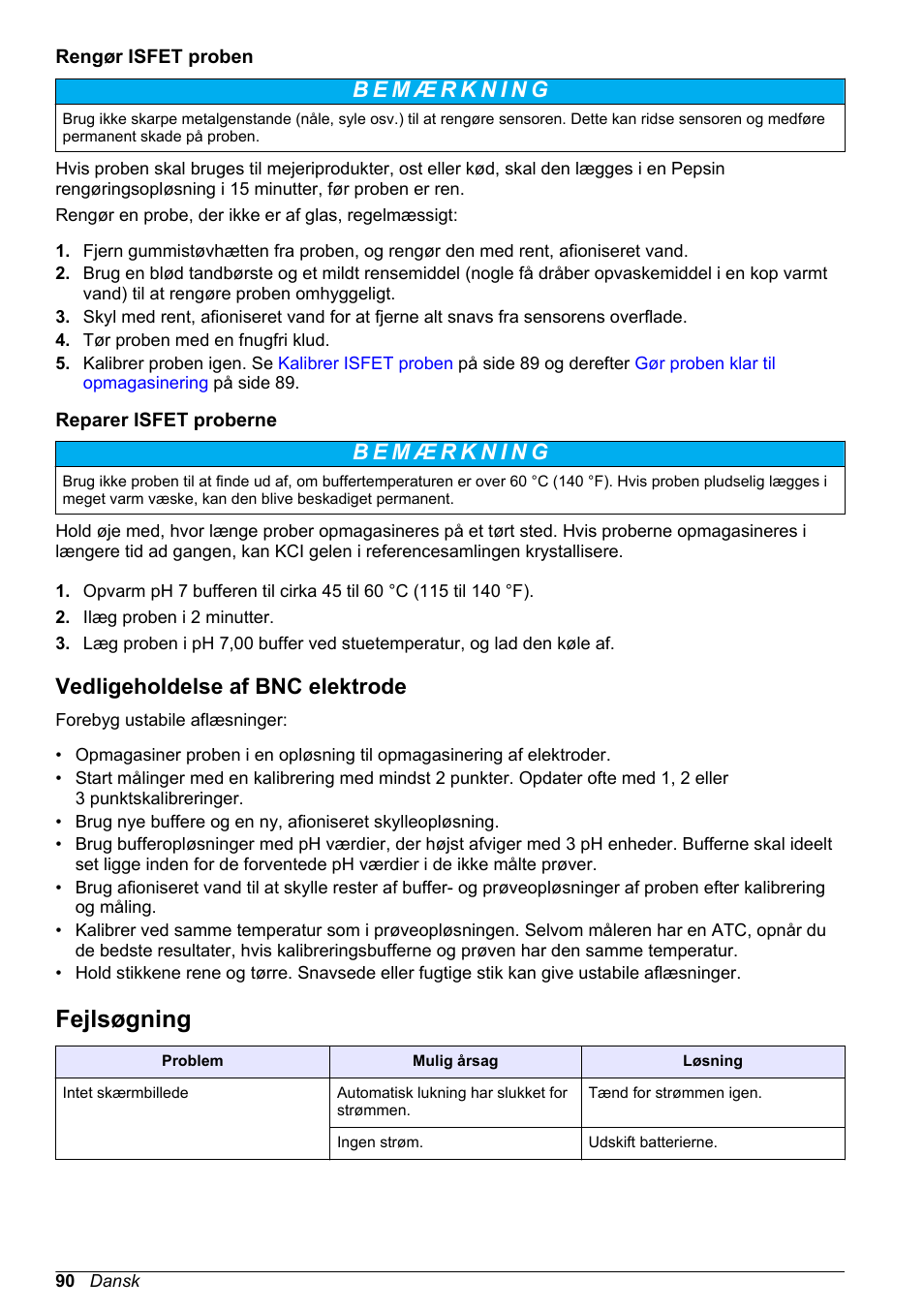 Rengør isfet proben, Reparer isfet proberne, Vedligeholdelse af bnc elektrode | Fejlsøgning | Hach-Lange H-Series Meters Basic User Manual User Manual | Page 90 / 136
