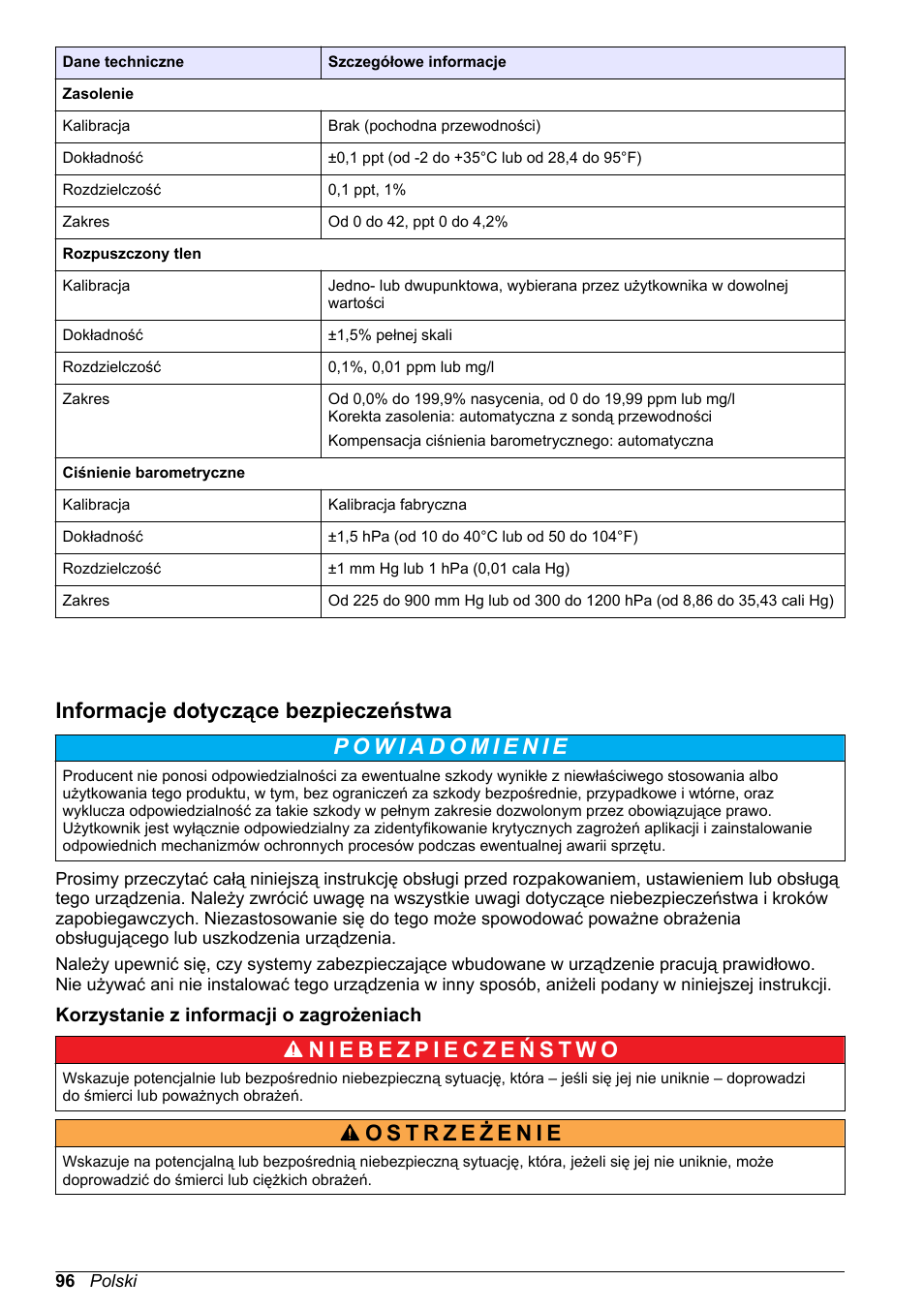 Informacje dotyczące bezpieczeństwa, Korzystanie z informacji o zagrożeniach | Hach-Lange H-Series Meters Basic User Manual User Manual | Page 96 / 136