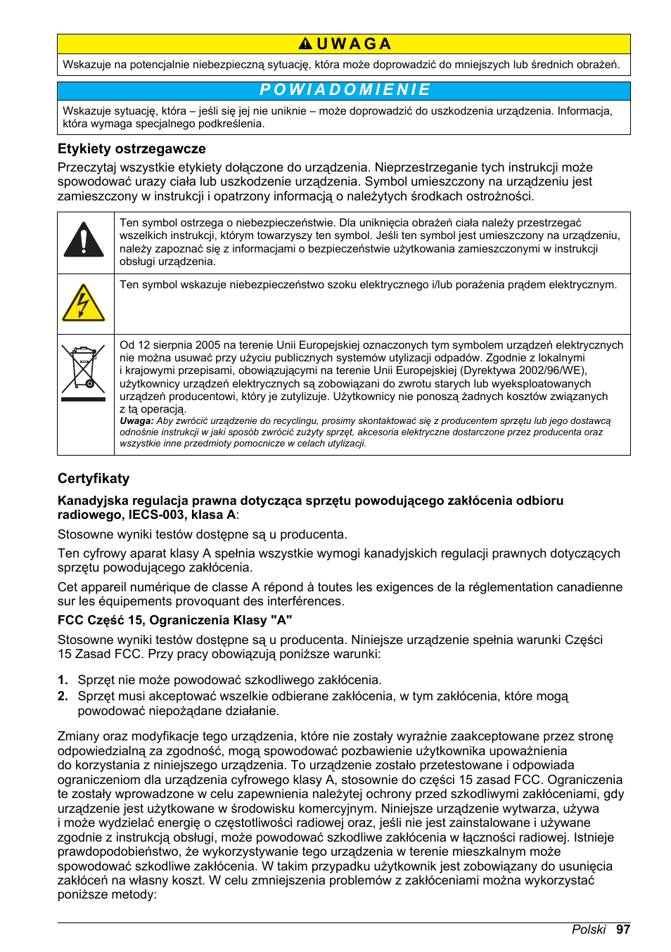 Etykiety ostrzegawcze, Certyfikaty | Hach-Lange H-Series Meters Basic User Manual User Manual | Page 97 / 136