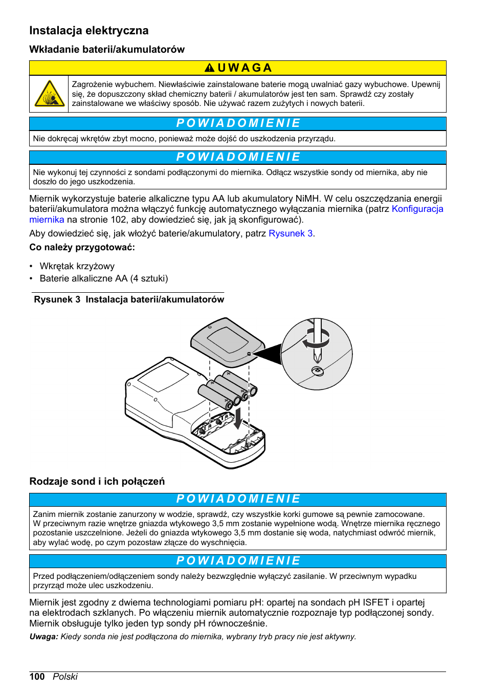 Instalacja elektryczna, Wkładanie baterii/‍akumulatorów, Rodzaje sond i ich połączeń | Hach-Lange H170 User Manual User Manual | Page 100 / 134