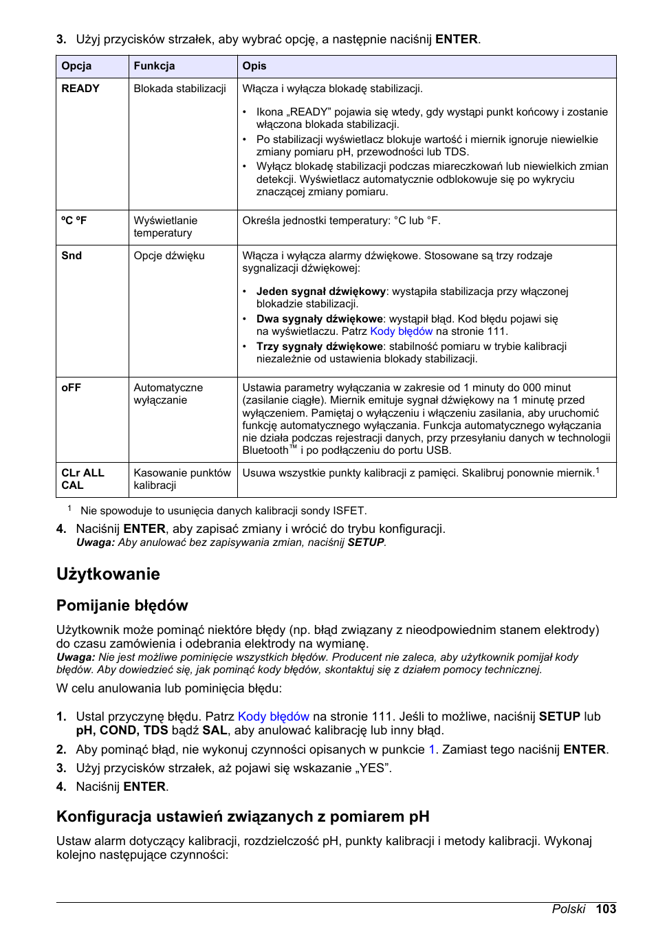 Użytkowanie, Pomijanie błędów, Konfiguracja ustawień związanych z pomiarem ph | Hach-Lange H170 User Manual User Manual | Page 103 / 134