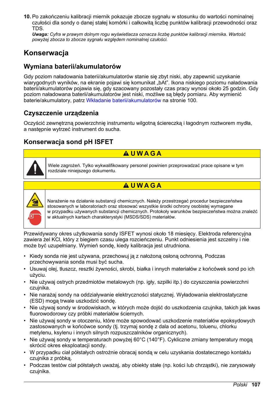 Konserwacja, Wymiana baterii/‍akumulatorów, Czyszczenie urządzenia | Konserwacja sond ph isfet, Na stronie 107, Wymiana baterii/akumulatorów | Hach-Lange H170 User Manual User Manual | Page 107 / 134