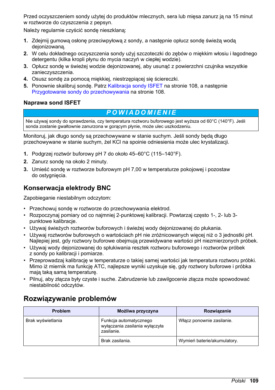 Naprawa sond isfet, Konserwacja elektrody bnc, Rozwiązywanie problemów | Na stronie 109 | Hach-Lange H170 User Manual User Manual | Page 109 / 134