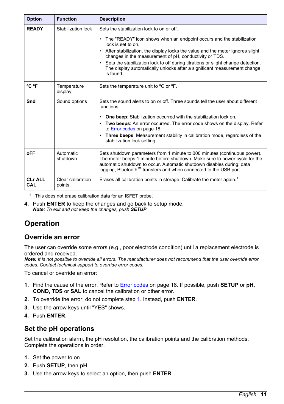 Operation, Override an error, Set the ph operations | Hach-Lange H170 User Manual User Manual | Page 11 / 134