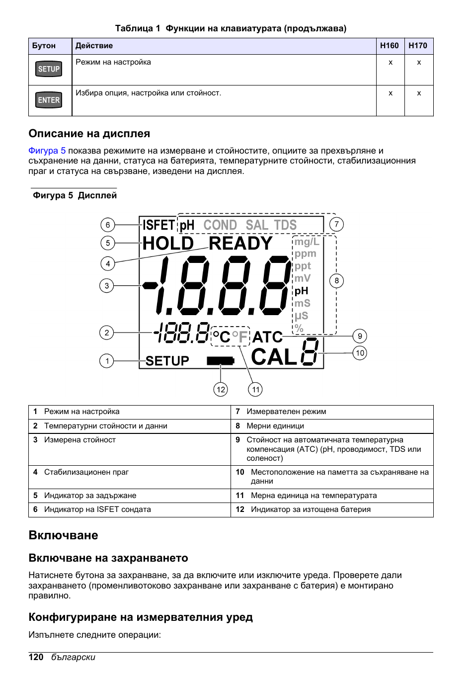 Описание на дисплея, Включване, Включване на захранването | Конфигуриране на измервателния уред, Запазите живота на батериите, вж | Hach-Lange H170 User Manual User Manual | Page 120 / 134