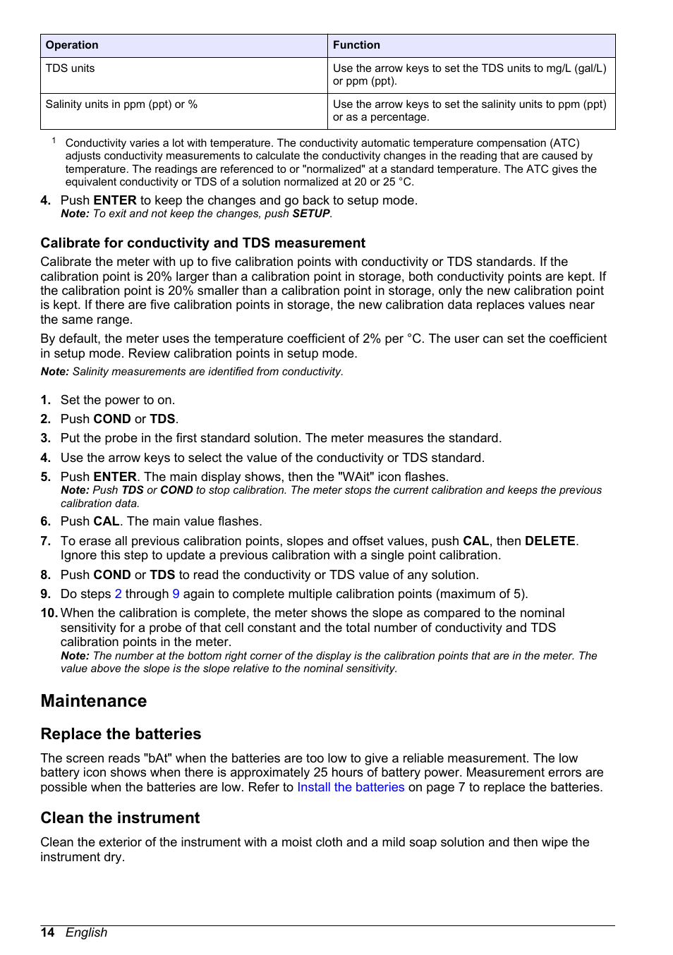 Calibrate for conductivity and tds measurement, Maintenance, Replace the batteries | Clean the instrument | Hach-Lange H170 User Manual User Manual | Page 14 / 134