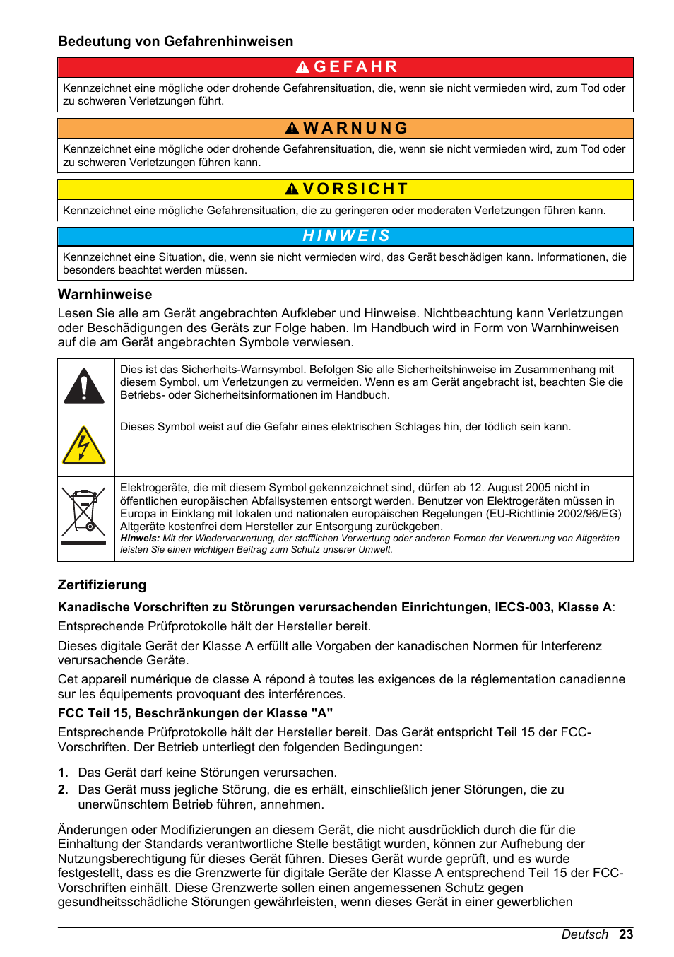 Bedeutung von gefahrenhinweisen, Warnhinweise, Zertifizierung | Hach-Lange H170 User Manual User Manual | Page 23 / 134