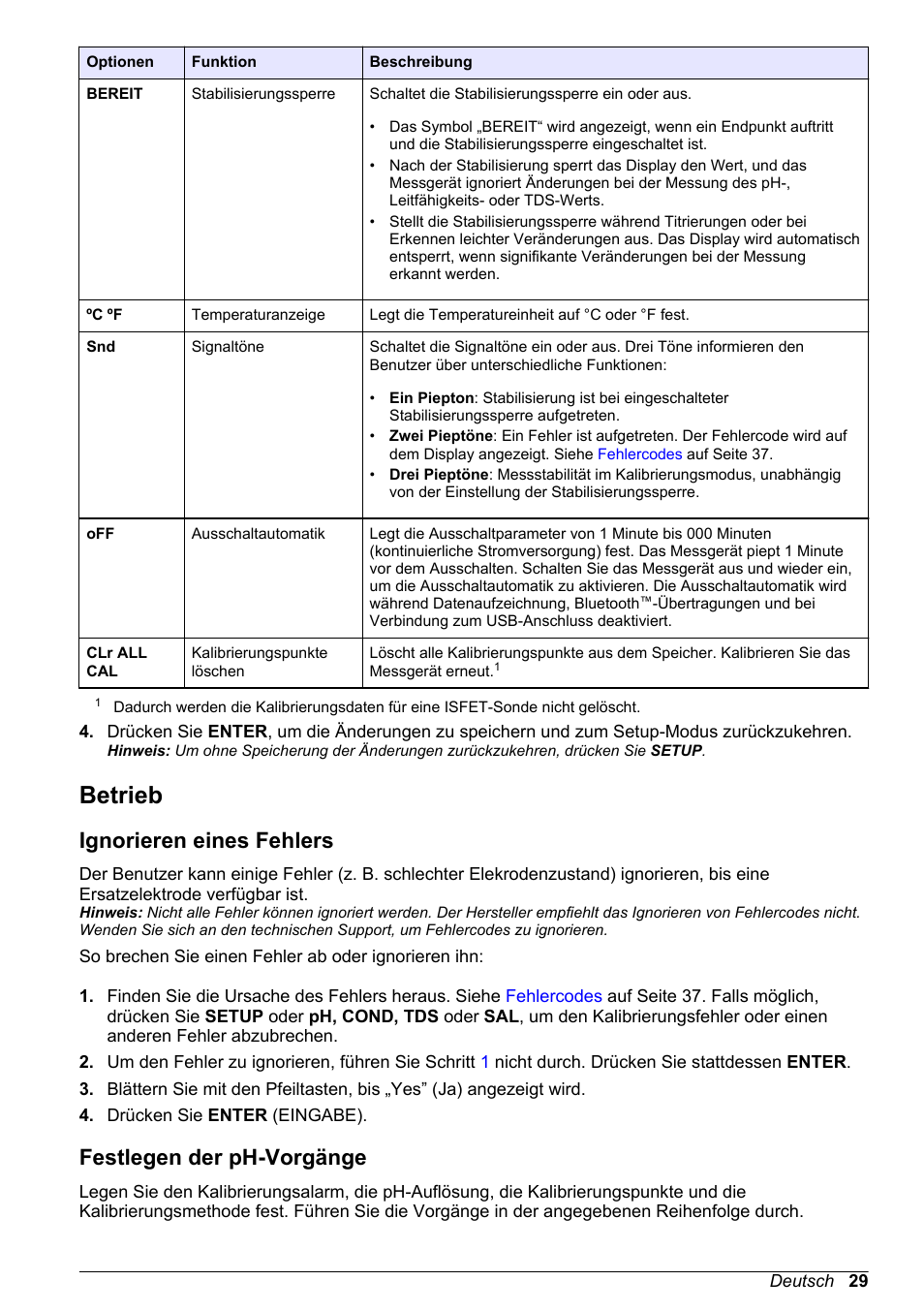 Betrieb, Ignorieren eines fehlers, Festlegen der ph-vorgänge | Hach-Lange H170 User Manual User Manual | Page 29 / 134