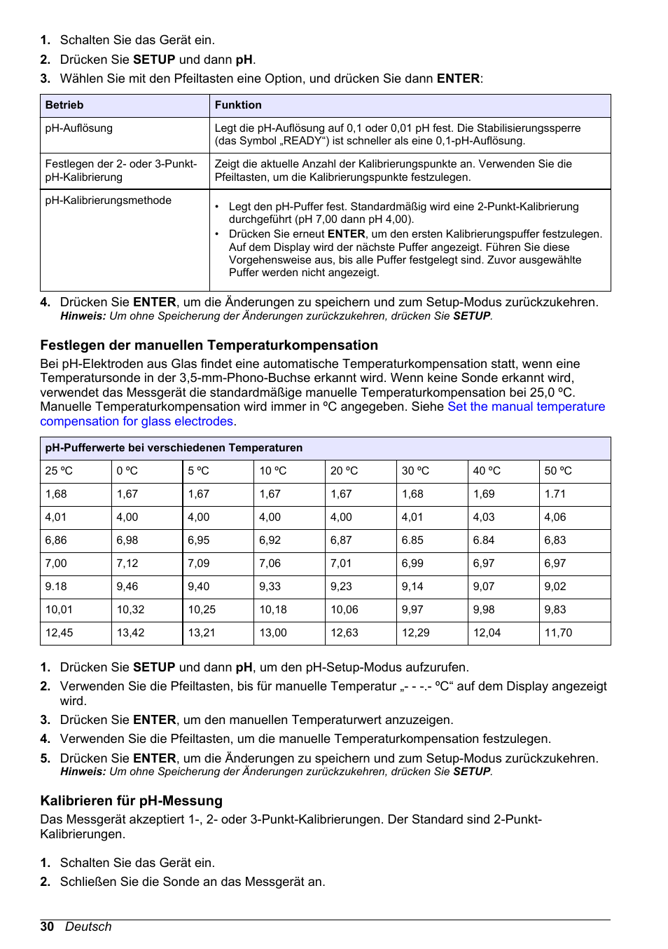 Festlegen der manuellen temperaturkompensation, Kalibrieren für ph-messung | Hach-Lange H170 User Manual User Manual | Page 30 / 134