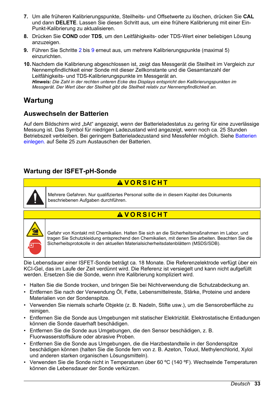 Wartung, Auswechseln der batterien, Wartung der isfet-ph-sonde | Auf seite 33 | Hach-Lange H170 User Manual User Manual | Page 33 / 134