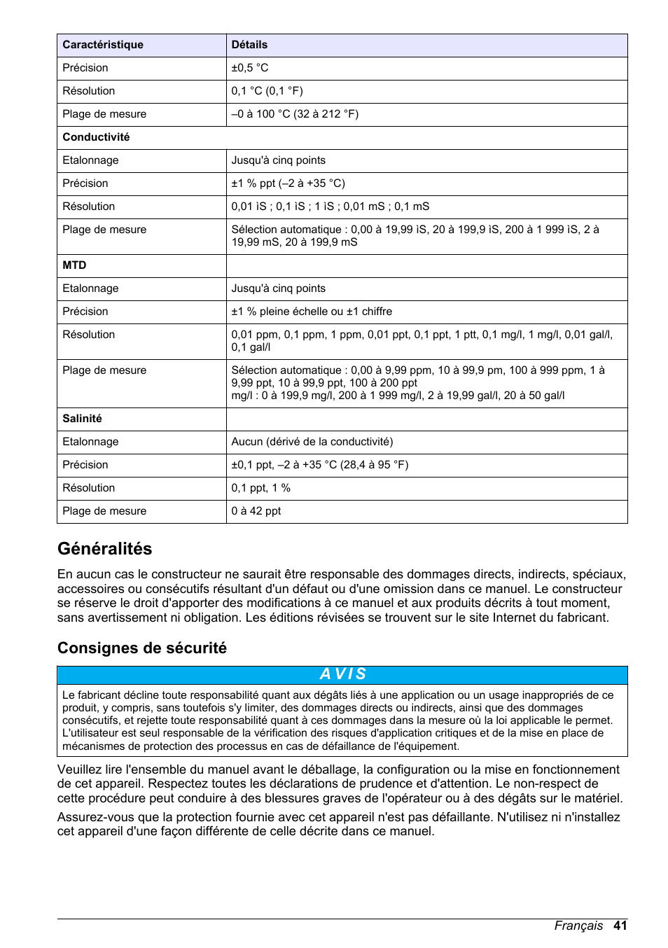 Généralités, Consignes de sécurité | Hach-Lange H170 User Manual User Manual | Page 41 / 134