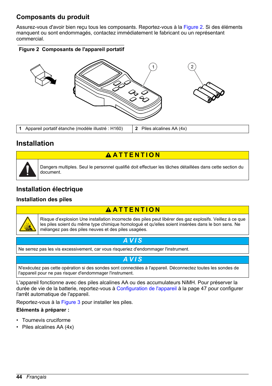 Composants du produit, Installation, Installation électrique | Installation des piles, A v i s | Hach-Lange H170 User Manual User Manual | Page 44 / 134