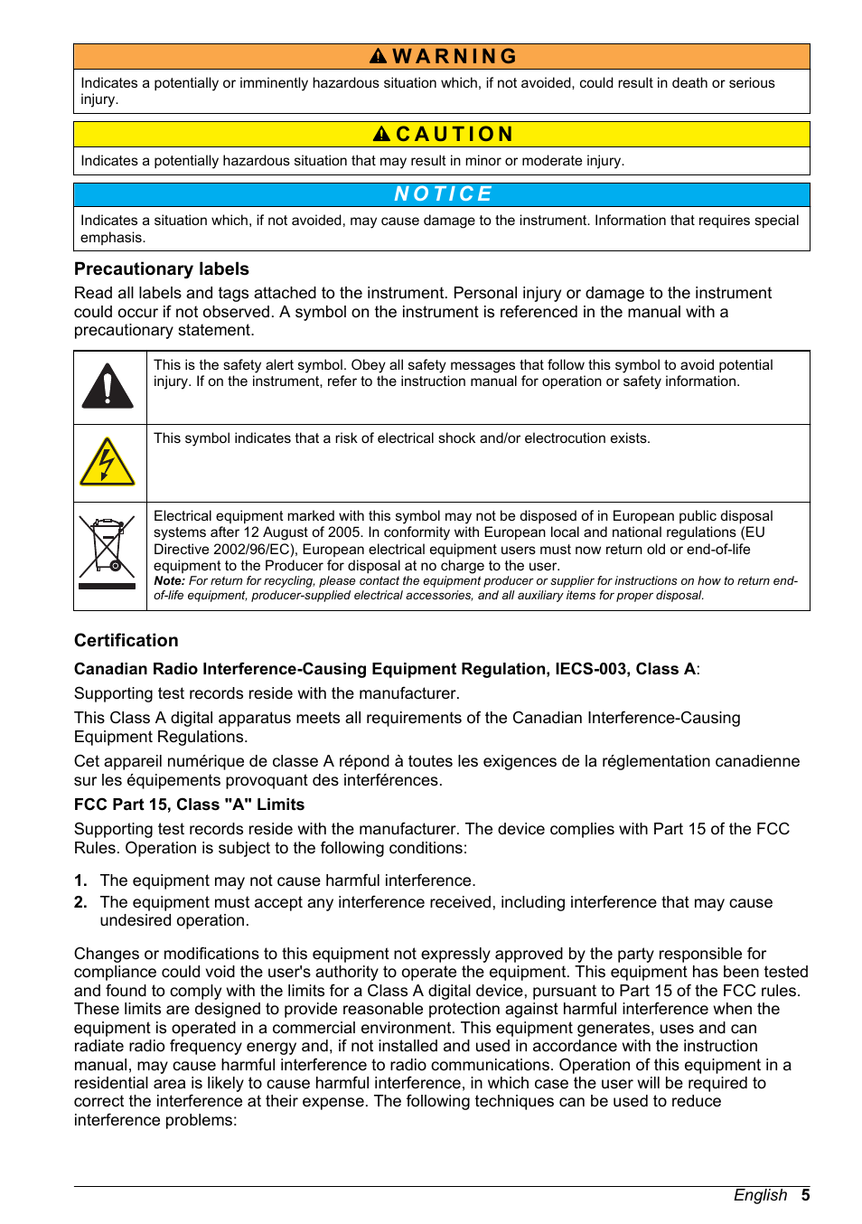 Precautionary labels, Certification | Hach-Lange H170 User Manual User Manual | Page 5 / 134