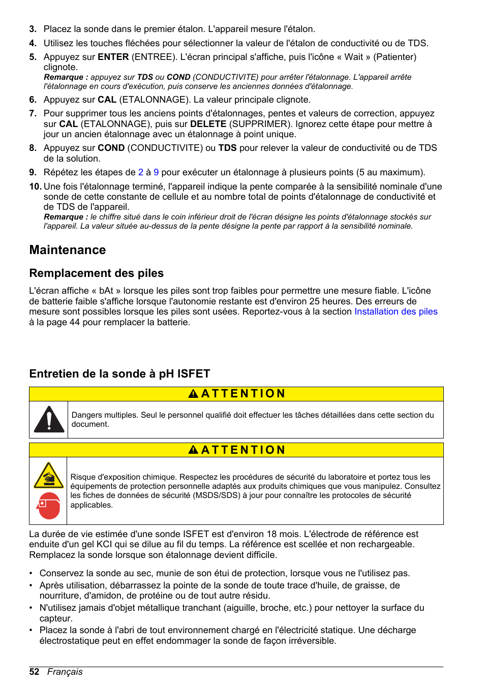 Maintenance, Remplacement des piles, Entretien de la sonde à ph isfet | Hach-Lange H170 User Manual User Manual | Page 52 / 134