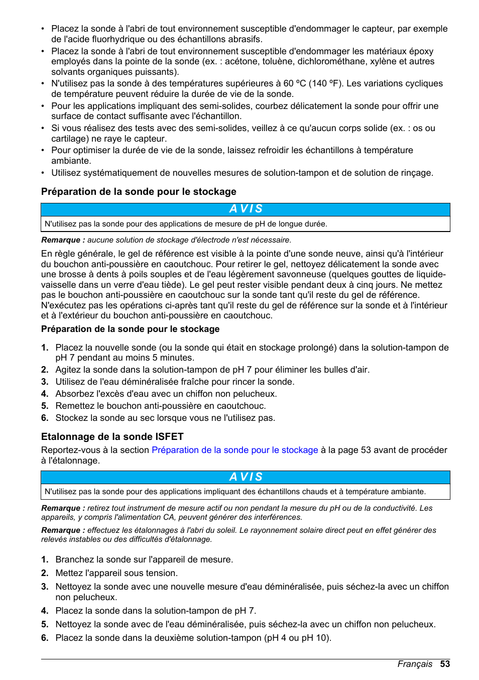 Préparation de la sonde pour le stockage, Etalonnage de la sonde isfet, A v i s | Hach-Lange H170 User Manual User Manual | Page 53 / 134