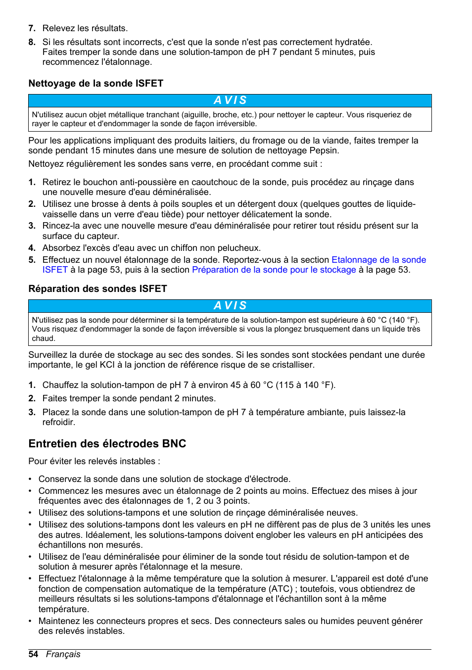 Nettoyage de la sonde isfet, Réparation des sondes isfet, Entretien des électrodes bnc | A v i s | Hach-Lange H170 User Manual User Manual | Page 54 / 134