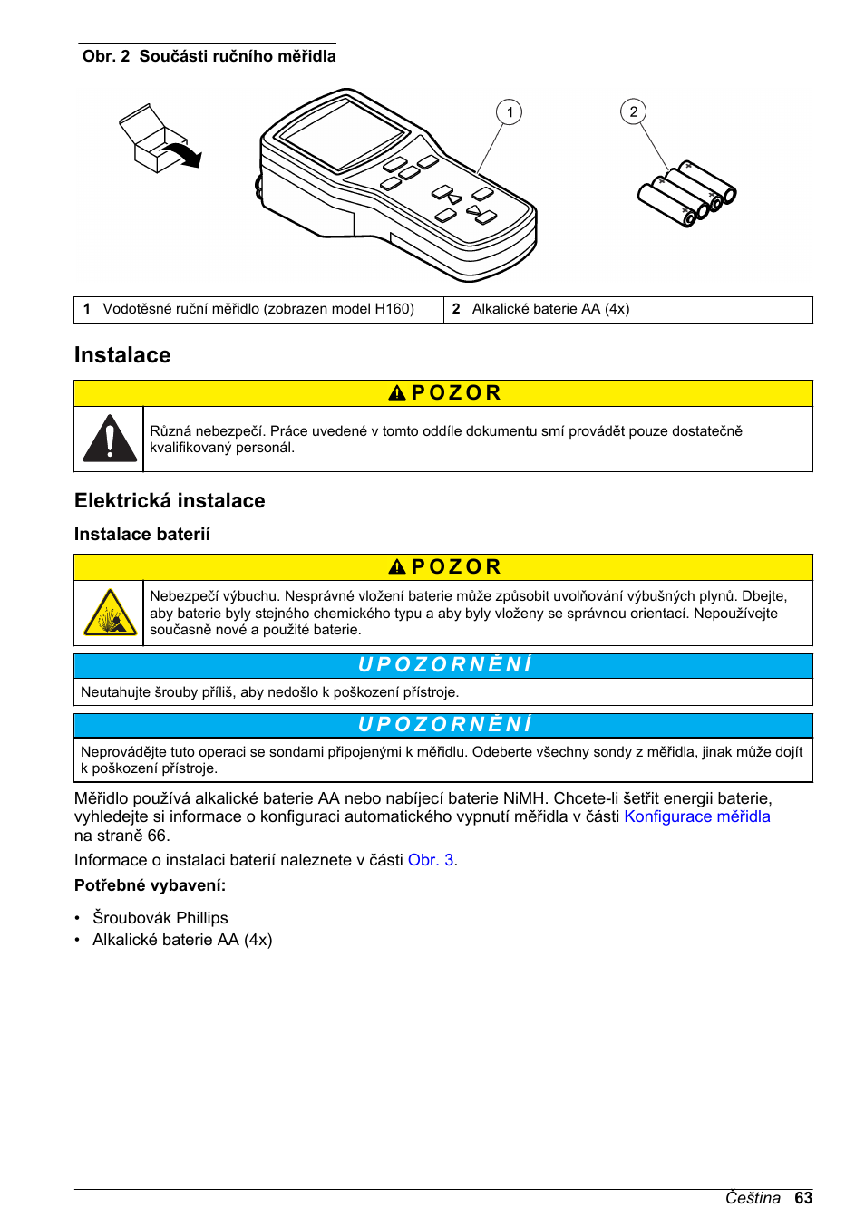 Instalace, Elektrická instalace, Instalace baterií | Hach-Lange H170 User Manual User Manual | Page 63 / 134