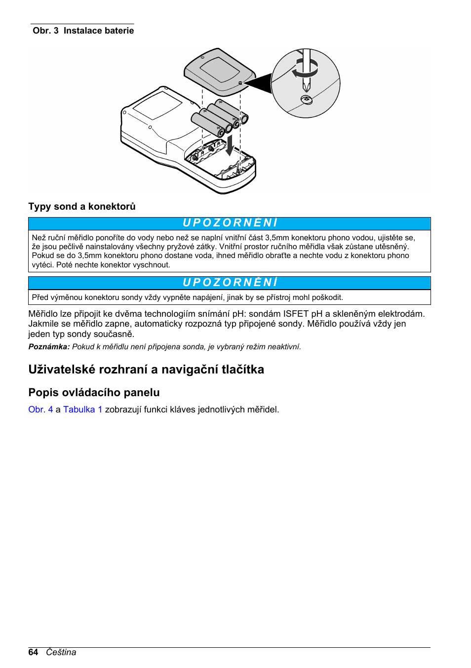 Typy sond a konektorů, Uživatelské rozhraní a navigační tlačítka, Popis ovládacího panelu | Informace o instalaci baterií naleznete v části, Obr. 3 | Hach-Lange H170 User Manual User Manual | Page 64 / 134