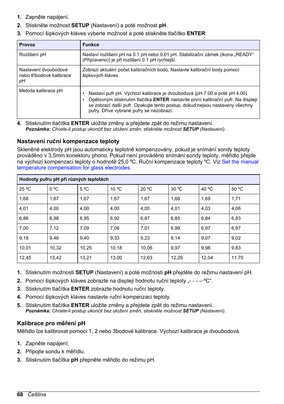 Nastavení ruční kompenzace teploty, Kalibrace pro měření ph | Hach-Lange H170 User Manual User Manual | Page 68 / 134