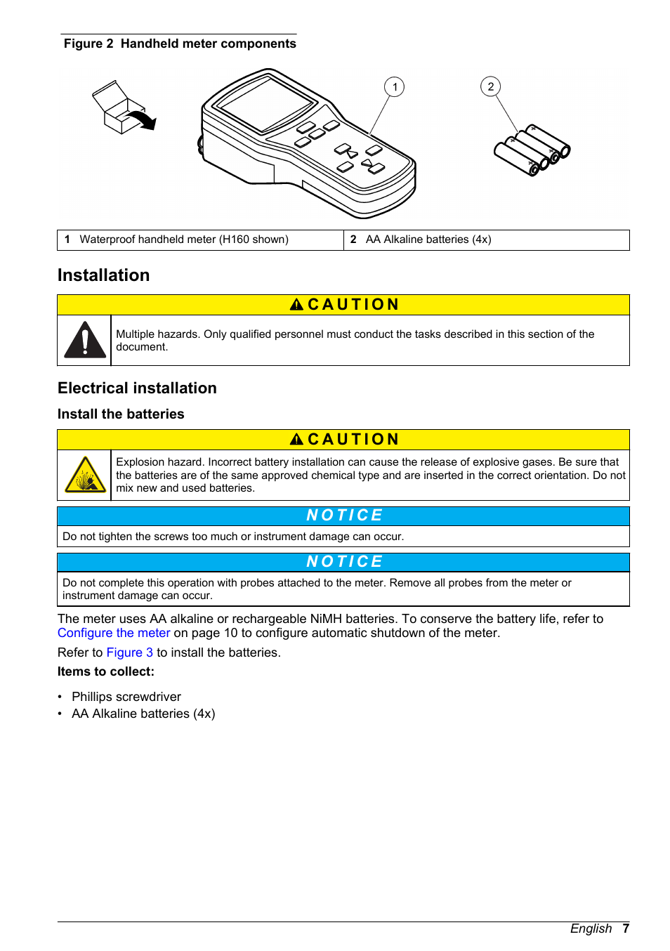 Installation, Electrical installation, Install the batteries | Hach-Lange H170 User Manual User Manual | Page 7 / 134